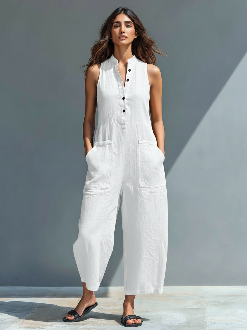 Women's Minimalist Linen Blend Button-up Stand-collar Sleeveless Loose Jumpsuit MDZ2725A5Y