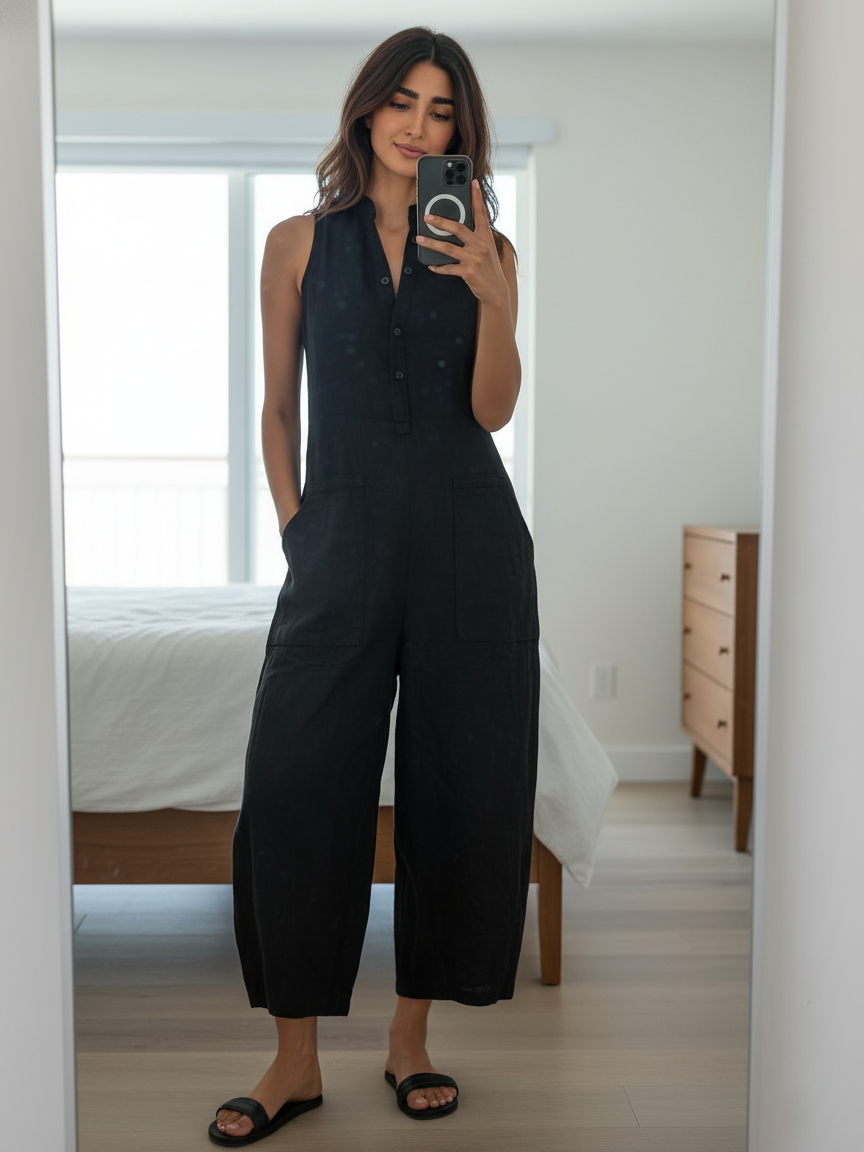 Women's Minimalist Linen Blend Button-up Stand-collar Sleeveless Loose Jumpsuit MDZ2725A5Y