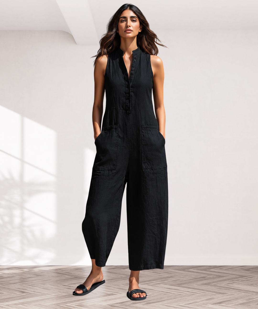 Zwarte linnenmix mouwloze jumpsuit met opstaande kraag