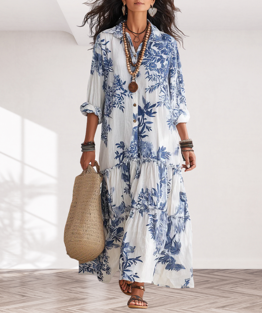 Bohemian Blue Floral Button-down Maxi Dress