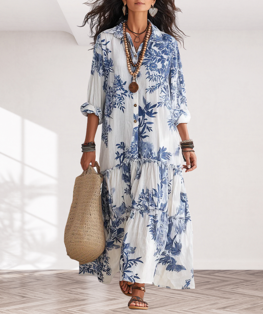 Bohemian Blue Floral Button-down Maxi Dress