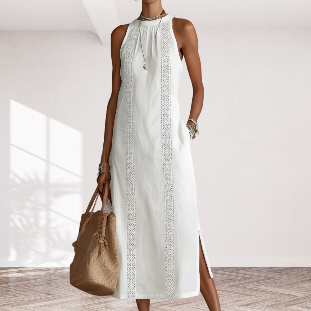 Jimena | Relaxed Embroidered Mandarin Collar Midi Dress