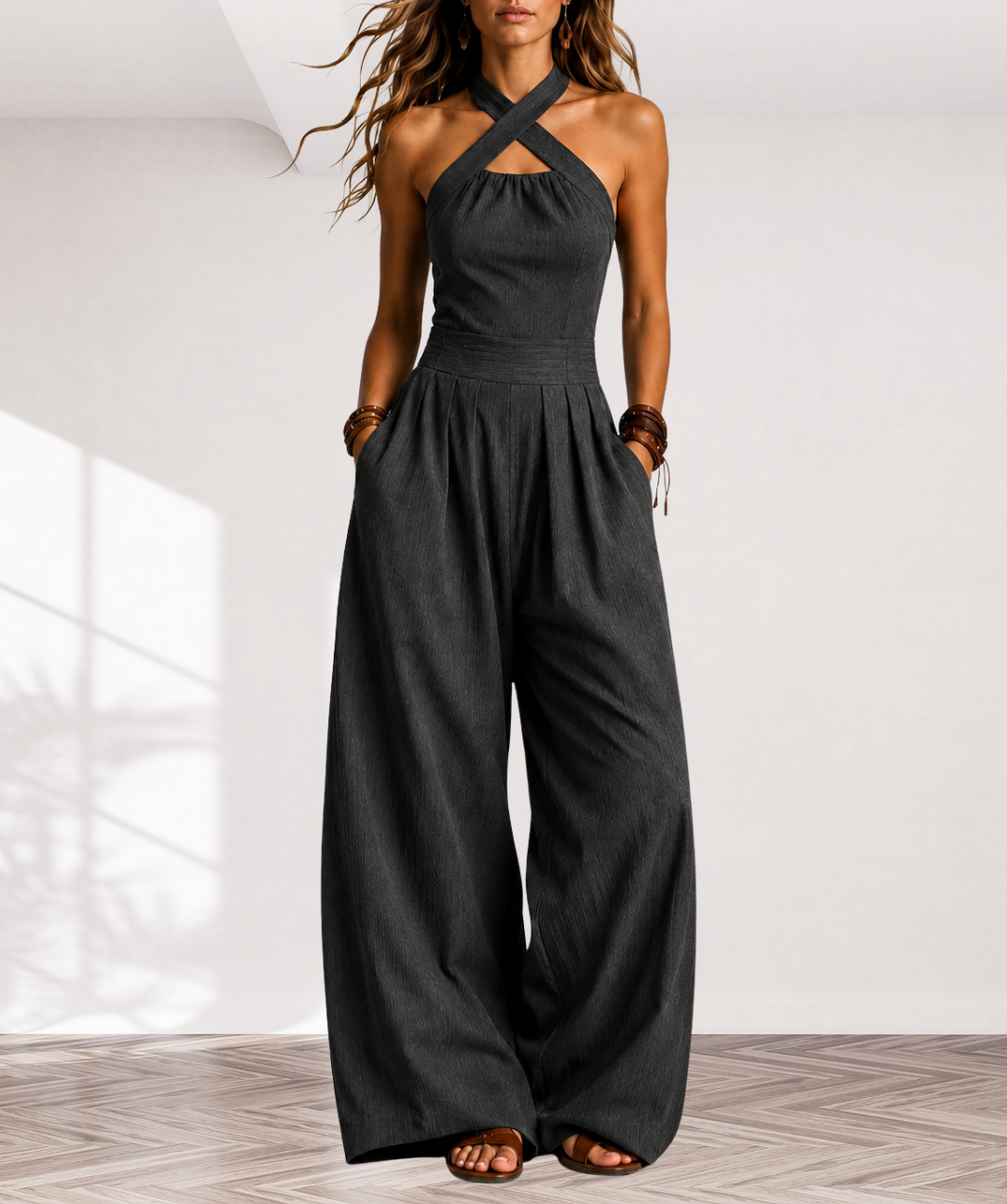 Bianca | Elegant linen jumpsuit with crossover neckline