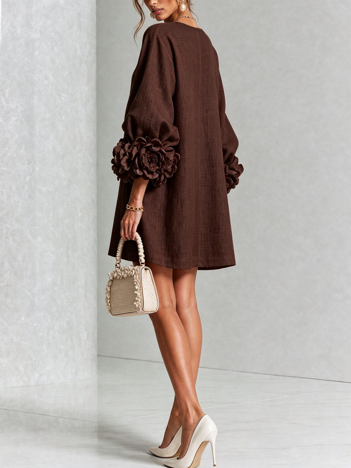 Brown Floral Button-down Mini Dress With Striking Floral Cuffs