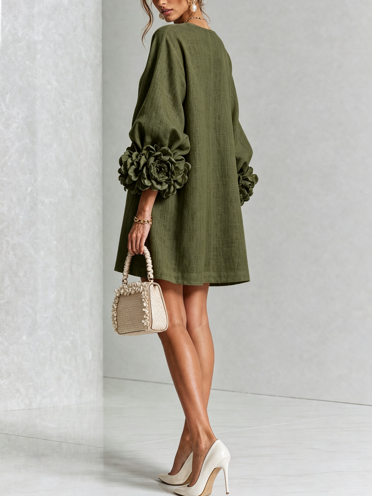 Olive green Floral Button-down Mini Dress With Striking Floral Cuffs