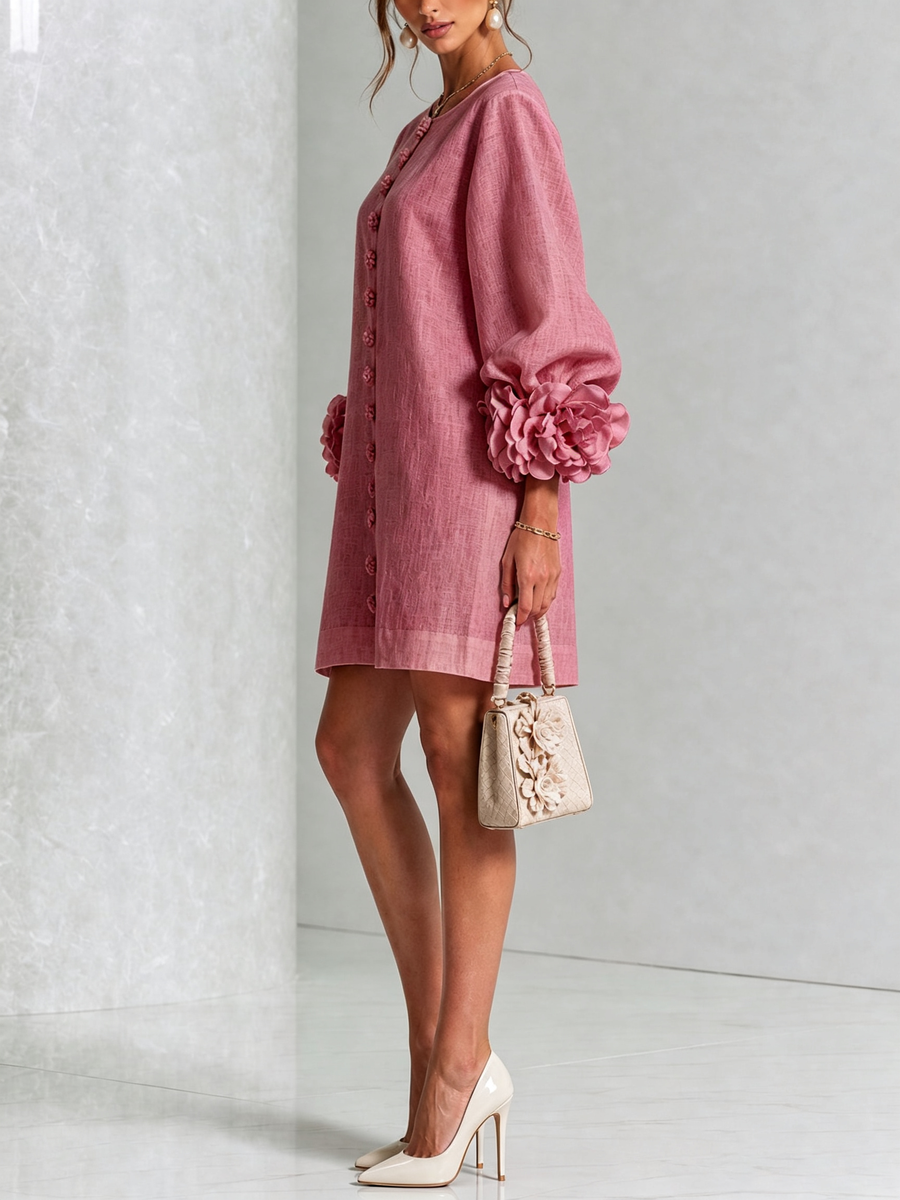 Rose Floral Button-down Mini Dress With Striking Floral Cuffs