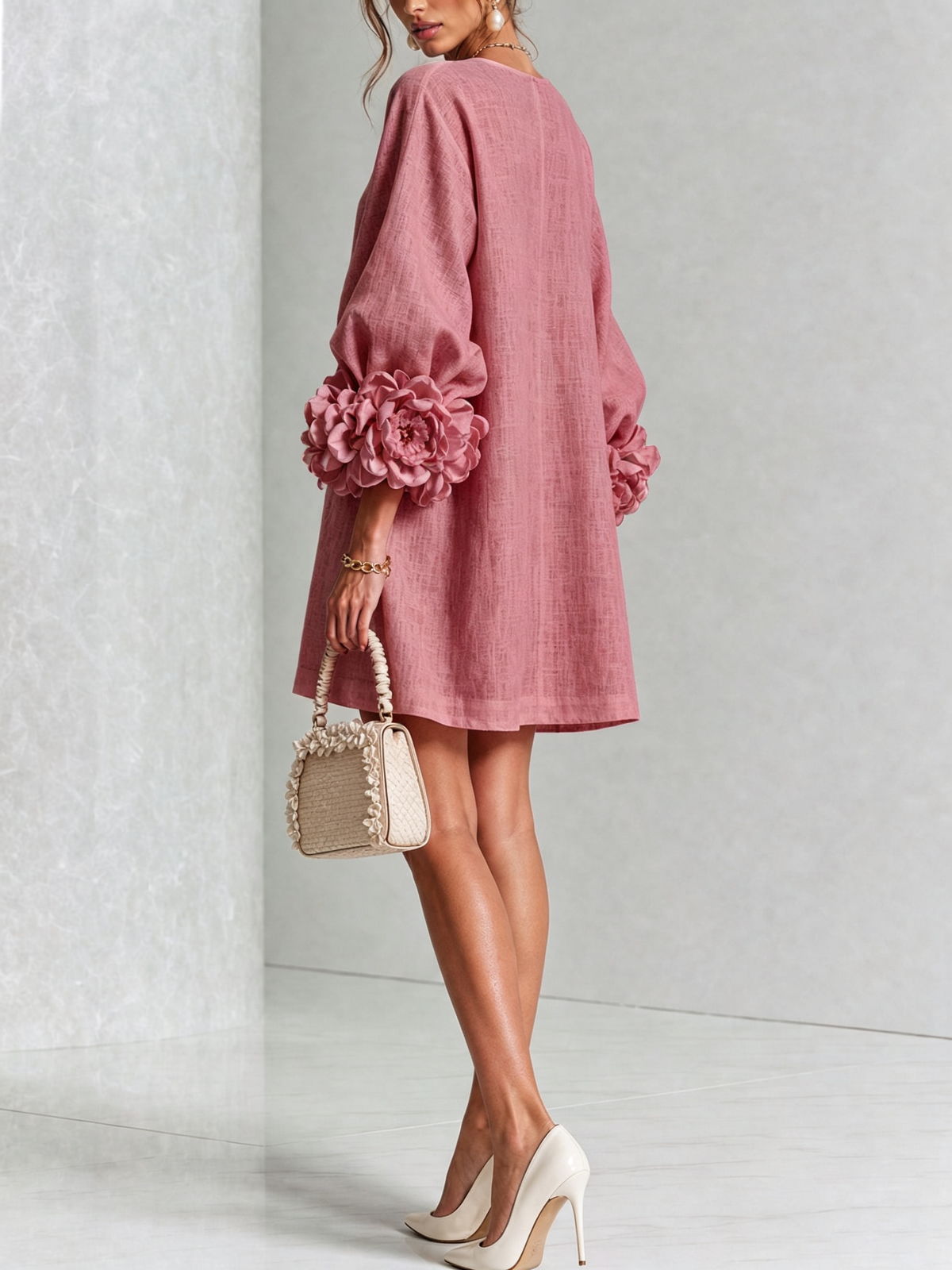 Rose Floral Button-down Mini Dress With Striking Floral Cuffs