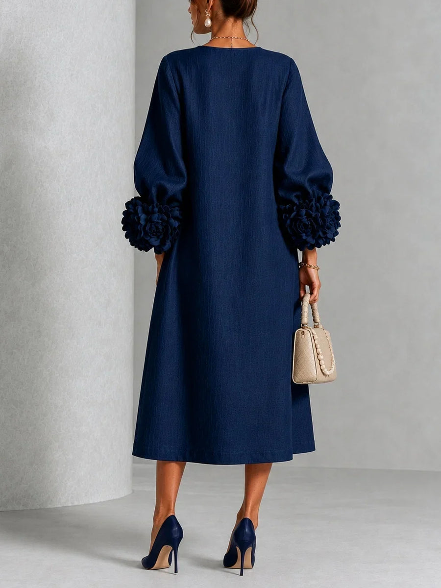 Navy Button-down Midi Dress With Striking Floral Cuffs