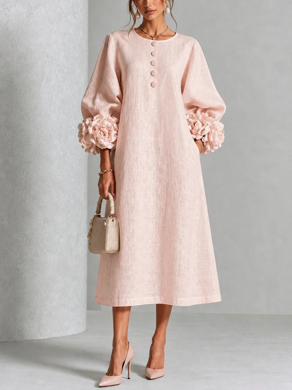 Floral Button-down Midi Dress With Striking Floral Cuffs