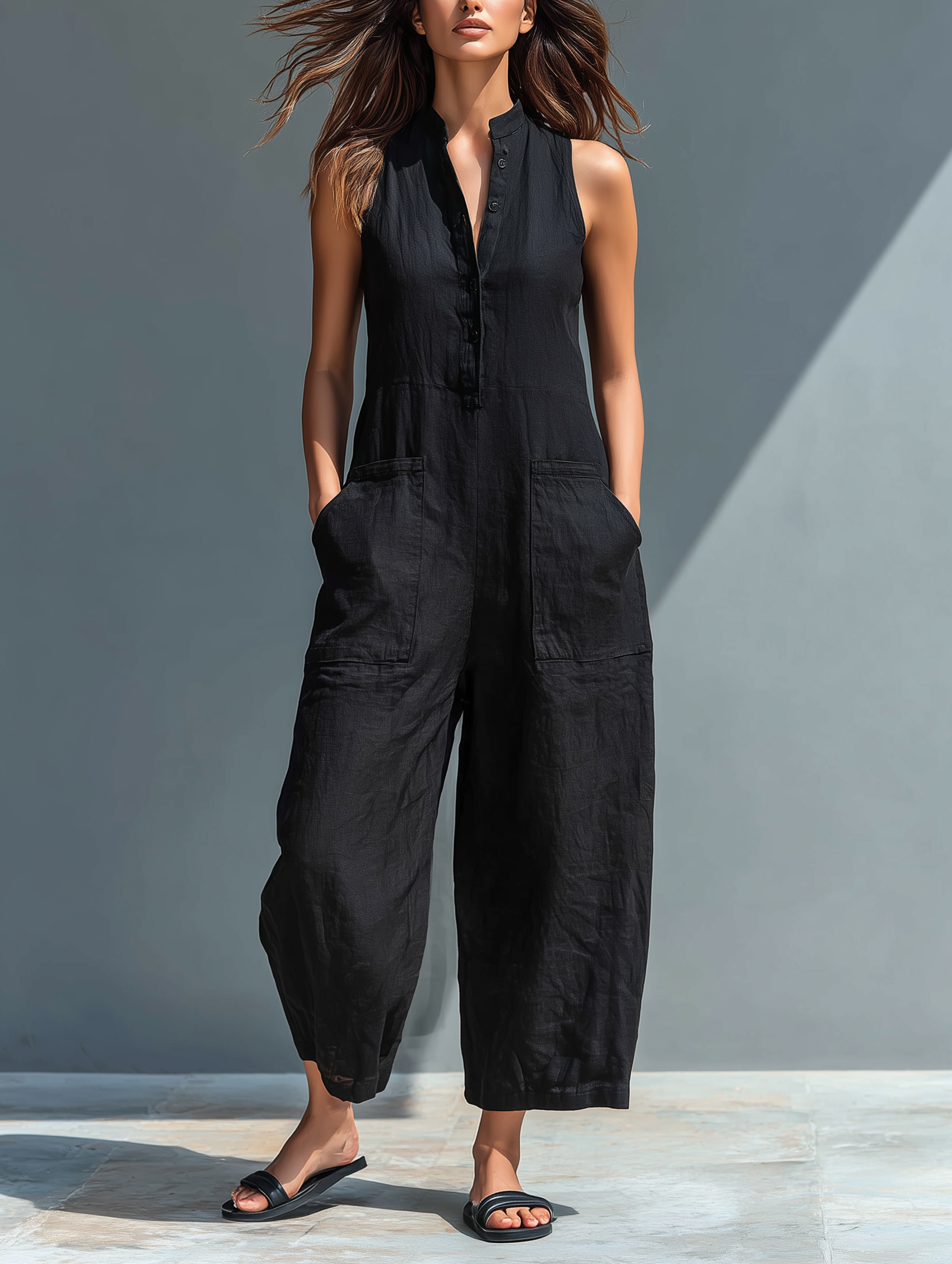 Women's Minimalist Linen Blend Button-up Stand-collar Sleeveless Loose Jumpsuit MDZ2725A5Y