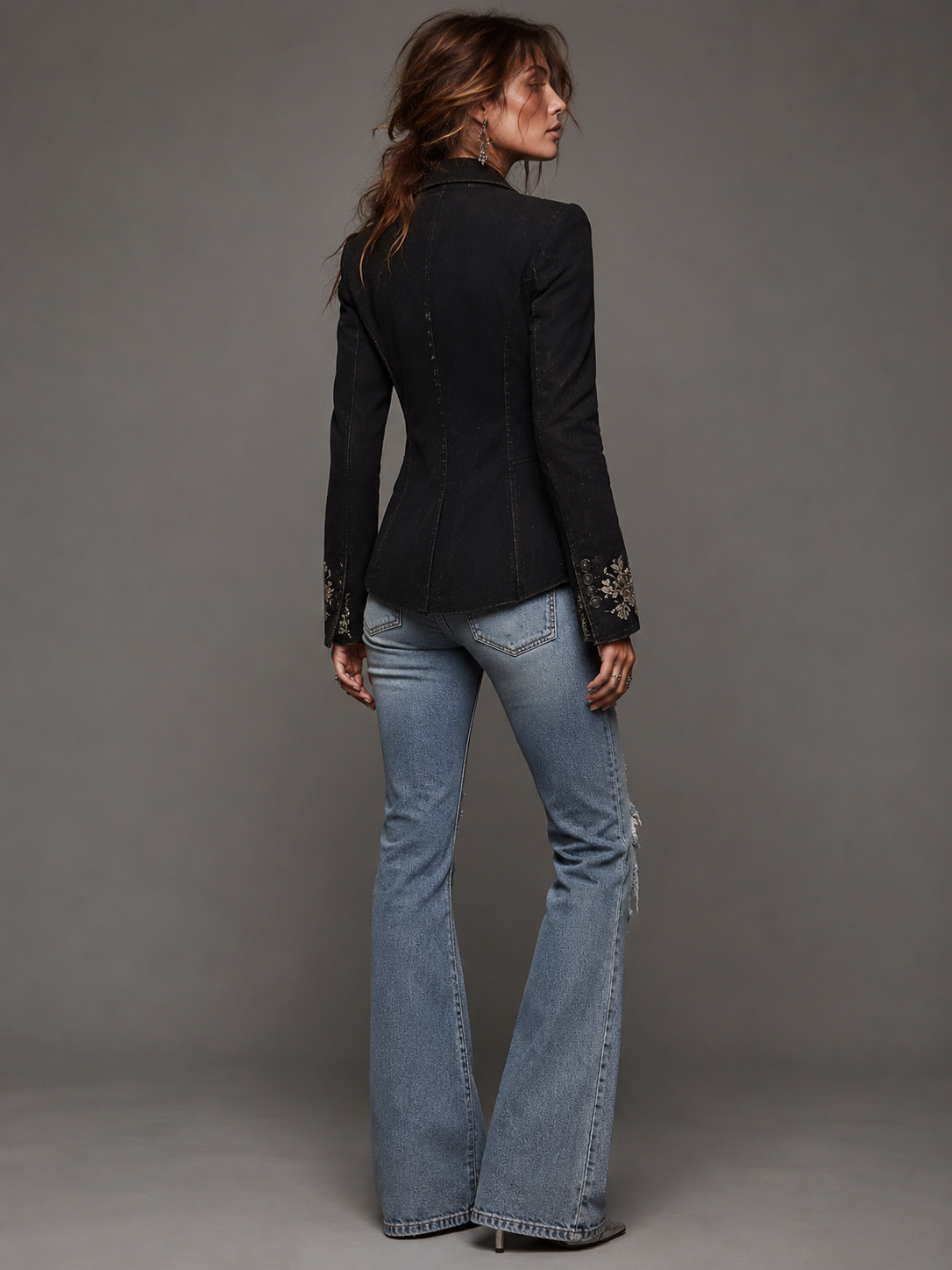 Vintage Washed Black Denim Tailored Blazer Silver Floral Embroidery Slim Fit One Button Western Boho Jacket