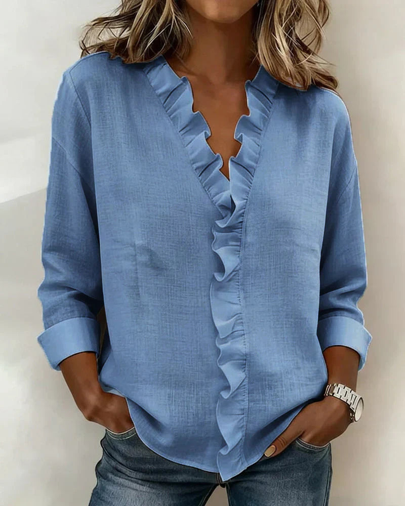 Audrey™ | Blouse with Ruffles, V-Neck and Long Sleeves