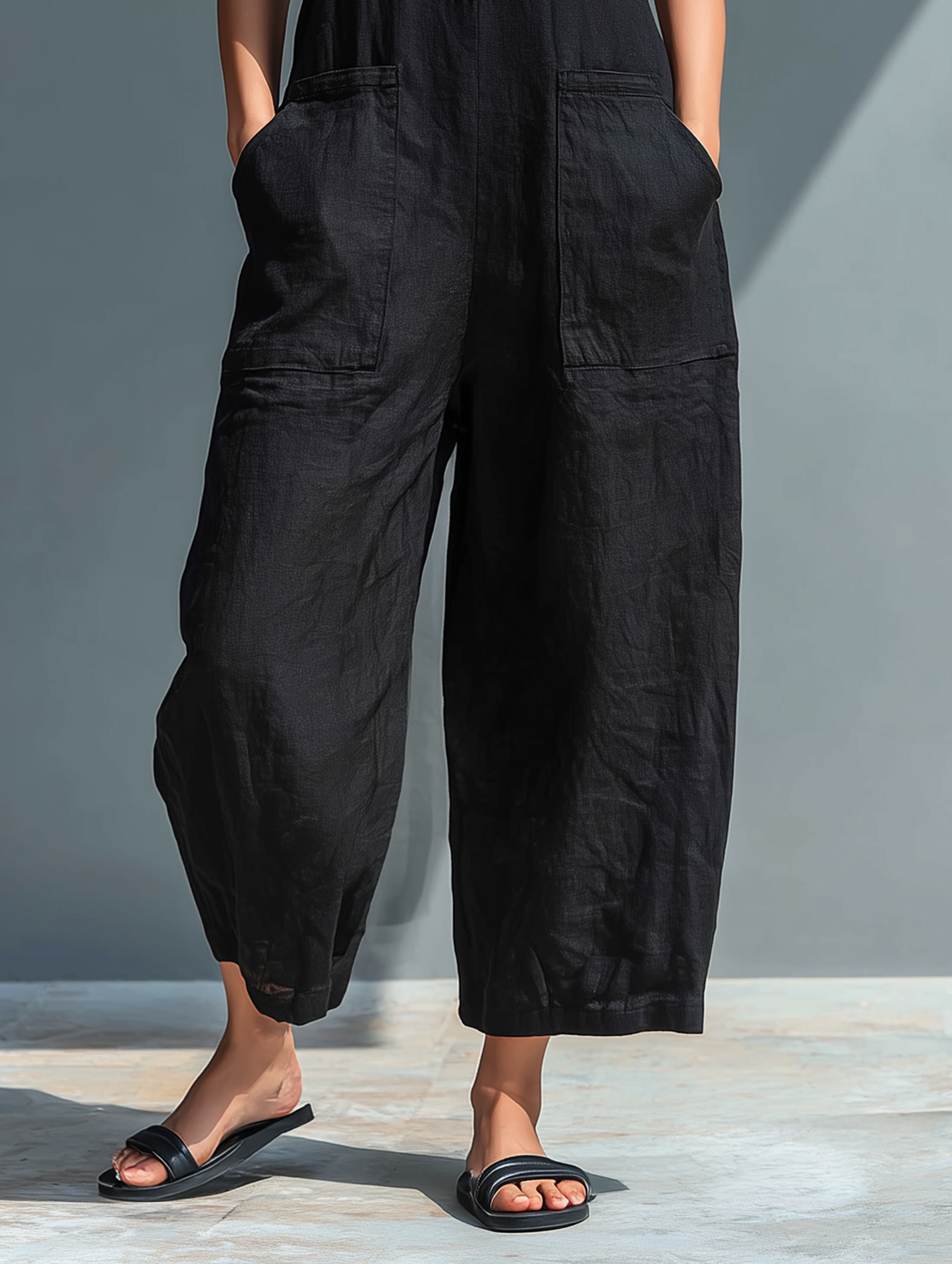 Women's Minimalist Linen Blend Button-up Stand-collar Sleeveless Loose Jumpsuit MDZ2725A5Y