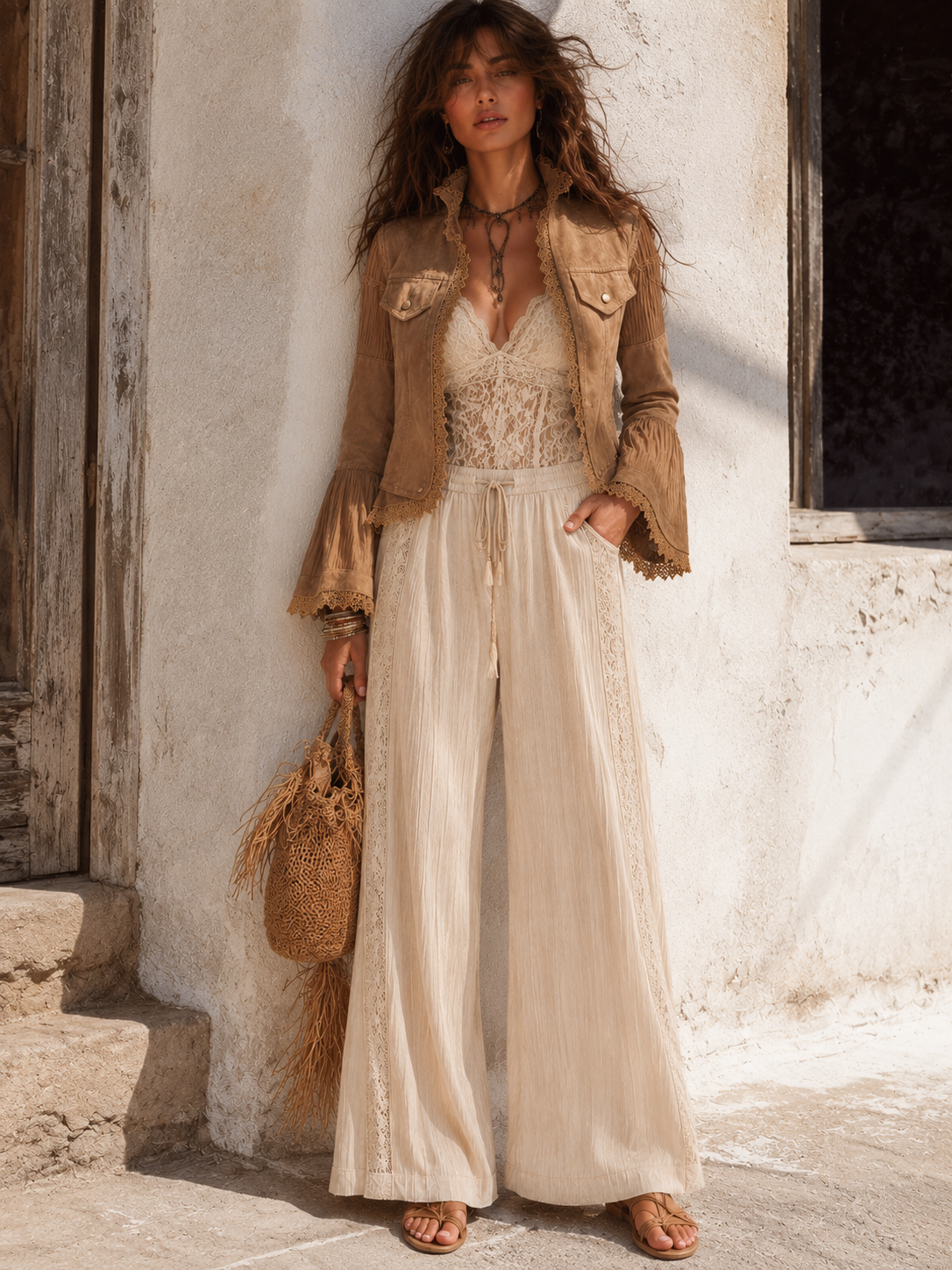 Boho Vintage Lace Trim Pocket Patchwork Sheer Flare Long Sleeve Jacket