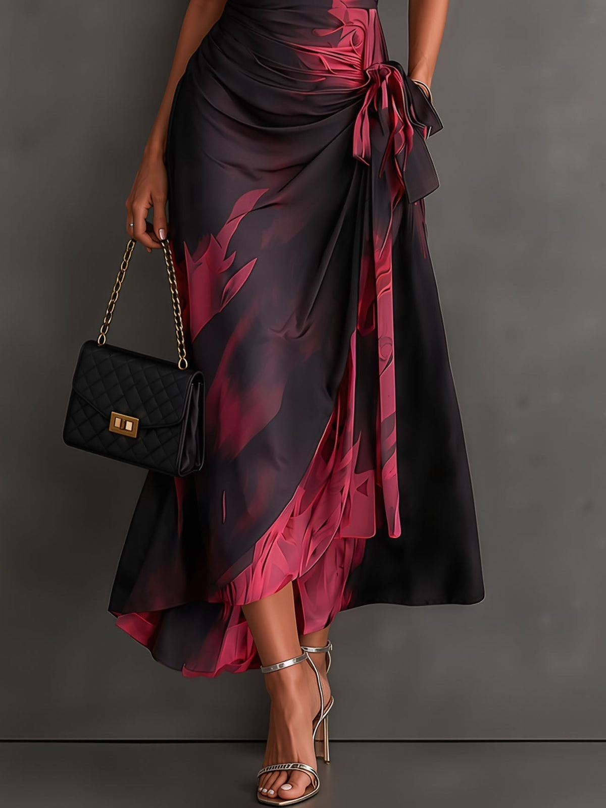 Brown Black Abstract Print Wrap Midi Dress Collared V Neck Short Sleeve Tie Waist Ruffled High‑Low Hem Dress