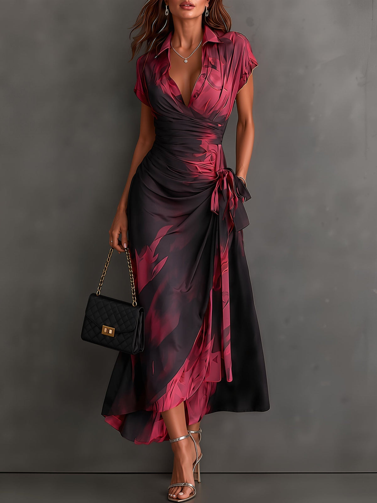 Brown Black Abstract Print Wrap Midi Dress Collared V Neck Short Sleeve Tie Waist Ruffled High‑Low Hem Dress